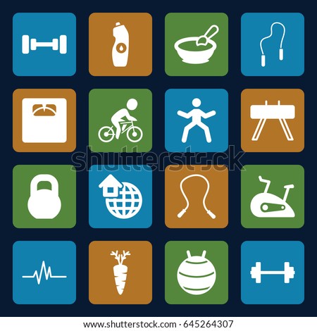 Lifestyle icons set. set of 16 lifestyle filled icons such as porridge, barbell, water bottle, floor scales, carrot, heartbeat, global home, bicycle, skipping rope