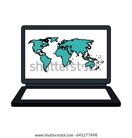 white background with laptop computer with wallpaper of world map