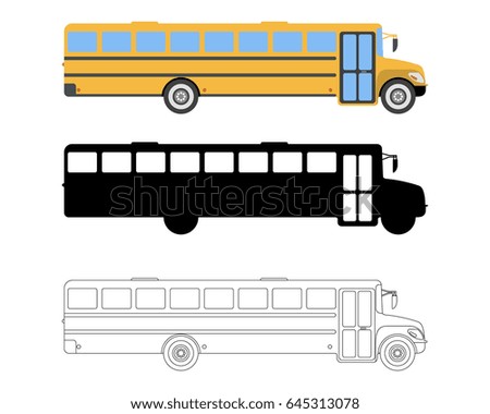 Set of Flat School Bus icon. Cartoon, Outline, Silhouette Vector illustration.