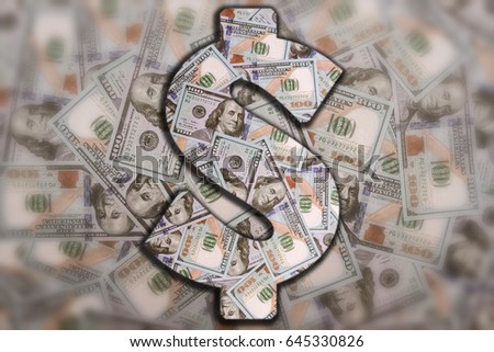 A pile of hundred-dollar bills new banknotes. cash. Inside the symbol is the dollar, from the scattered dollar bills. Seamless pattern of dollar currency symbols. White background isolated.