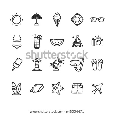 Summer Icon Black Thin Line Set Symbol of Tourism for Web and App Isolated on White Background. Vector illustration Royalty-Free Stock Photo #645334471