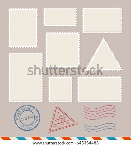 Empty Template Blank White Postage Stamps Set Paper Mark Symbol of Delivery Correspondence. Vector illustration Royalty-Free Stock Photo #645334483