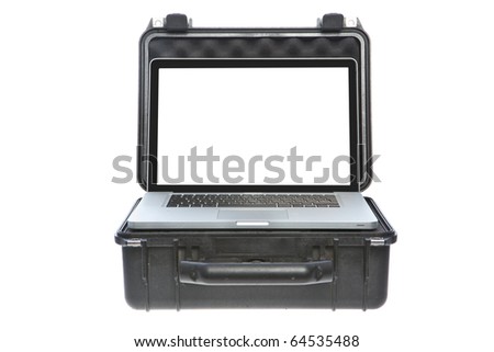 Case for protecting laptop with white screen. Studio shot. Isolation on white background. Front view.