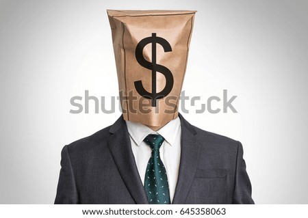 Businessman with a paper bag on the head - with dollar sign