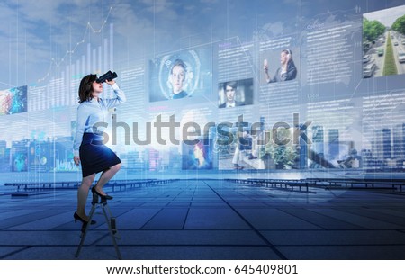 Online curation media concept. electronic newspaper. young woman holding laptop PC and various news images. network monitoring. abstract mixed media.
