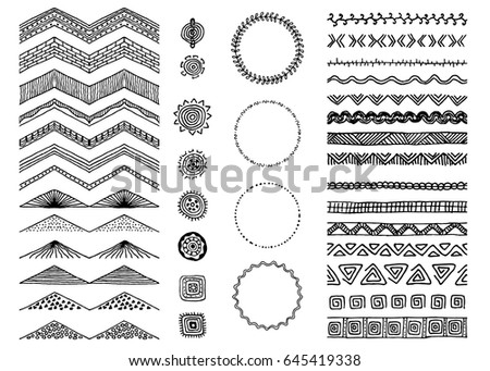 Set of hand-drawn seamless doodle borders. Sketch style vector illustration. Rustic decorative line borders, tribal decorative elements. Can be used for seamless patterns, scrap-booking, invitations