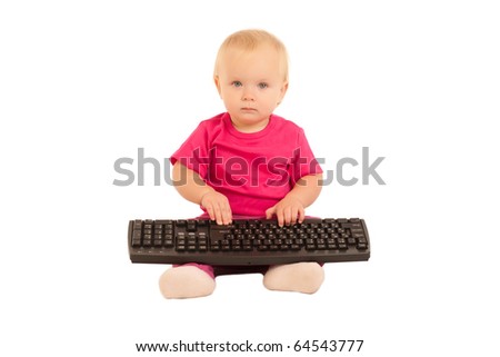 cute cheerful girl typing on computer keyboard on white