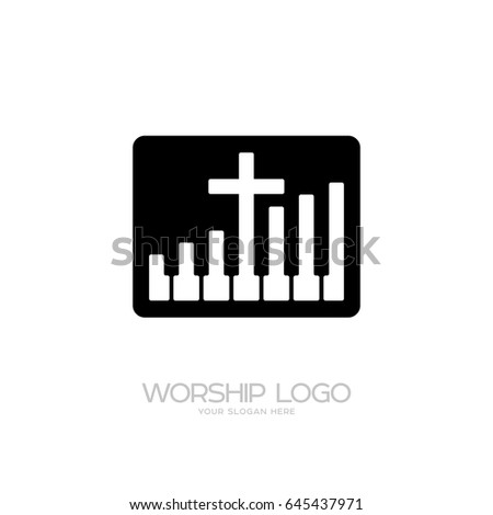 Worship logo. Cristian symbols. Cross and piano keys