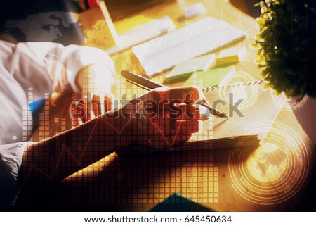 Woman writing in notepad placed on wooden office desktop with plant, supplies and abstract business pattern. Accounting concept