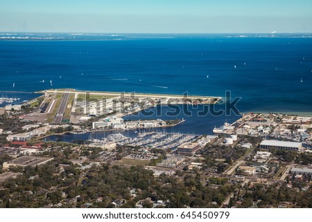 Aerial view of downtown St. Petersburg, Florida. Landing at the airport in St. Petersburg