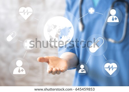 Medicine doctor hand working with modern online computer interface map