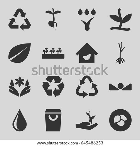 Eco icons set. set of 16 eco filled icons such as leaf, flower, recycle, water drop, sprout plants, sprout, arrow up, eco house, watering system, plant, plant on hand
