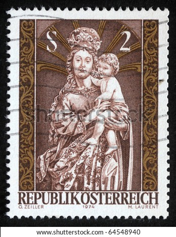 AUSTRIA - CIRCA 1974: A greeting Christmas stamp printed in Austria shows Madonna and Child, circa 1974