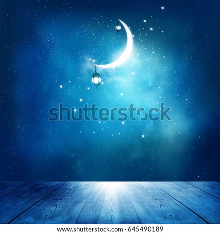 Islamic greeting  Eid Mubarak cards for Muslim Holidays.Eid-Ul-Adha festival celebration . Ramadan Kareem background.Crescent Moon and Lantern Lightning in sky Royalty-Free Stock Photo #645490189