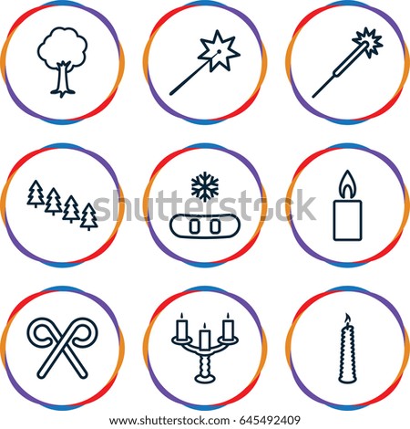 Christmas icons set. set of 9 christmas outline icons such as pine tree, sparklers, tree, candy cane, candle, candlestick