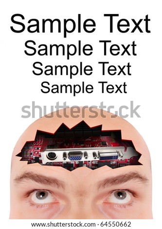 Men's head with computer part and easy removable text. Conceptual image - digital technology metaphor.