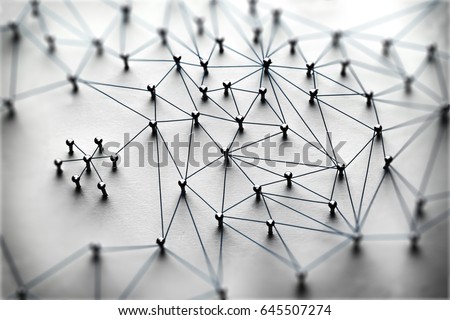 Linking entities. Monotone. Networking, social media, SNS, internet communication abstract. Small network connected to a larger network. Web of light to dark blue, wires on white background. Royalty-Free Stock Photo #645507274