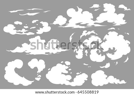Vector smoke special effects template. Steam clouds, fog, watery vapour or dust explosion 2D VFX clipart elements for game, print, advertising and web design
