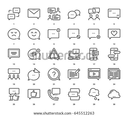 Vector set of message bubbles flat line web icons. Each icon with adjustable strokes neatly designed on pixel perfect 48X48 size grid. Fully editable and easy to use. Royalty-Free Stock Photo #645512263