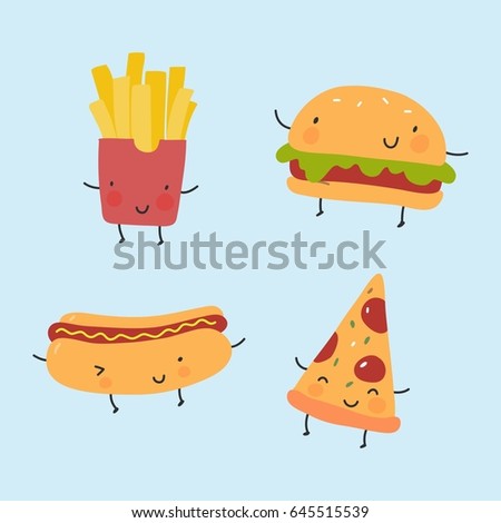 Cool print with cartoon food. French fries, hamburger, hot dog, pizza