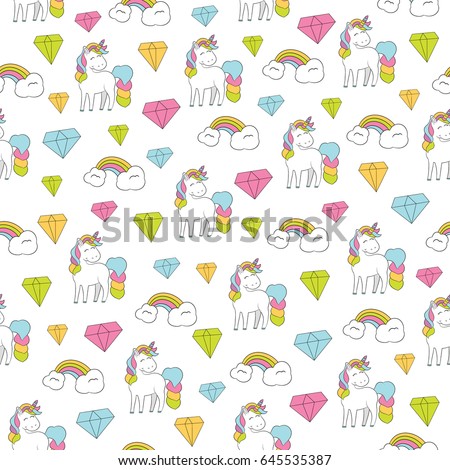 Seamless baby pattern with cute unicorn, rainbow, diamond. Best Choice for cards, invitations, printing, party packs, blog backgrounds, paper craft, party invitations, scrapbooking.