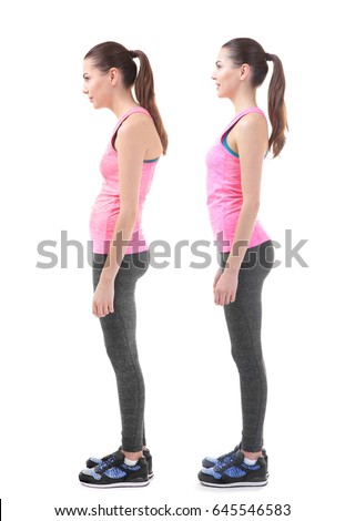 Rehabilitation concept. Collage of woman with poor and good posture on white background Royalty-Free Stock Photo #645546583