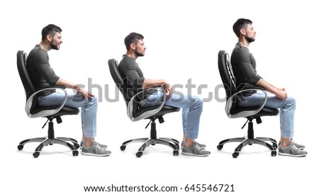 Rehabilitation concept. Collage of man with poor and good posture sitting in armchair on white background Royalty-Free Stock Photo #645546721