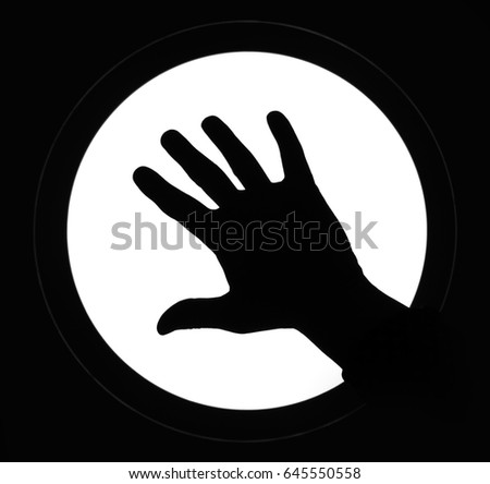 Silhouette hand white round background. Five fingers male palm.