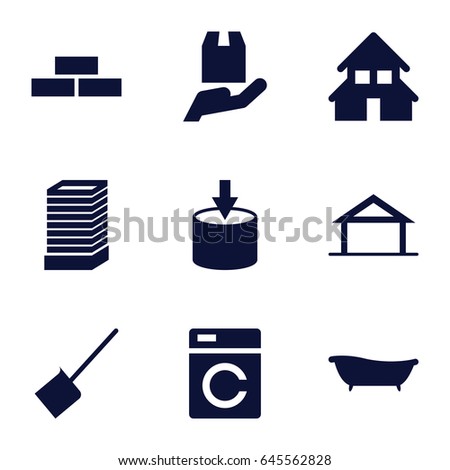 Home icons set. set of 9 home filled icons such as home, washing machine, business center building, brick wall, dustpan, cargo protection, house building, bath