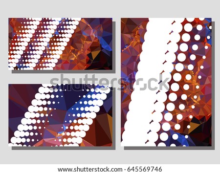 Low poly mosaic background set. Template design, list, front page, brochure layout, banner, idea, cover, print, flyer, book, blank, card, ad, sign, sheet. Copy space. Vector clip art.