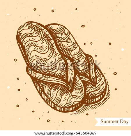 Vector linear illustration of the summer beach shoes isolated on paper background with abstract texture. Hand drawn sketch in retro style of flip flops. Image in vintage style for design.