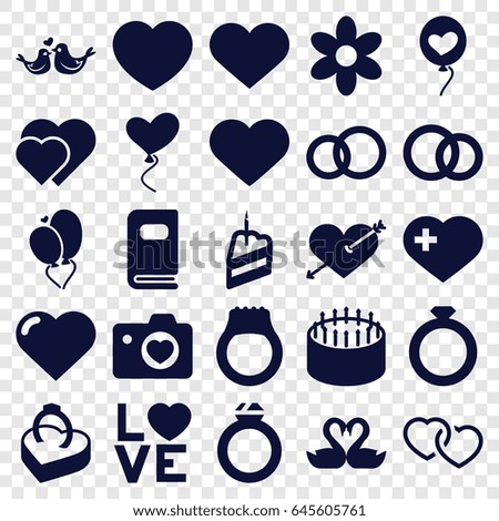 Wedding icons set. set of 25 wedding filled icons such as heart, flower, heart with arrow, cake, heart with cross, love word, lovebirds, ring in box, piece of cake