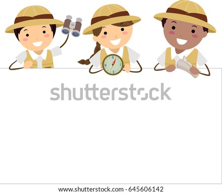 Illustration of Stickman Kids in Explorer Costume holding a Compass, Binoculars, Map and a Blank Board