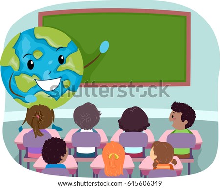Illustration of a Globe Mascot in front of a Blackboard Teaching Kids in Class