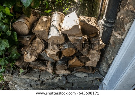 Pile of logs in the sun ready for use
