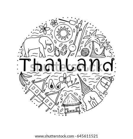 Symbols of Thailand. Hand drawn round design concept with the main attractions of Thailand. Vector illustration. White and black.