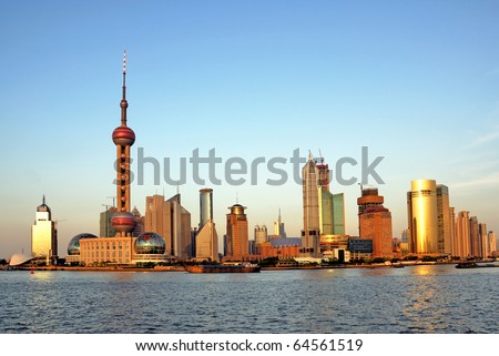 China Shanghai the huangpu river and Pudong skyline at sunset.