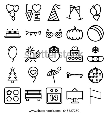 Holiday icons set. set of 25 holiday outline icons such as pumpkin, ball, from toy for beach, sunbed, love word, heart baloons, heart balloons, heart frozen, party hat