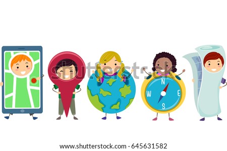 Illustration of Stickman Kids wearing GPS, Geolocation Pin, Globe, Compass, and Map Costume