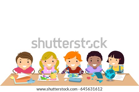 Illustration of Stickman Kids in Class on a Table working on Geography Activity