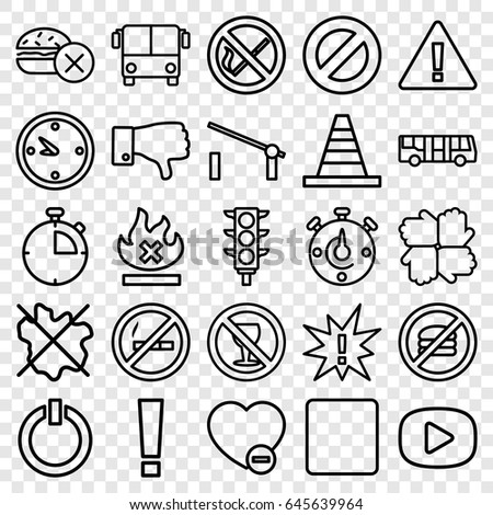 Stop icons set. set of 25 stop outline icons such as airport bus, barrier, no fast food, no wash, cone, traffic light, minus favorite, dislike, stop, clock, switch off, play