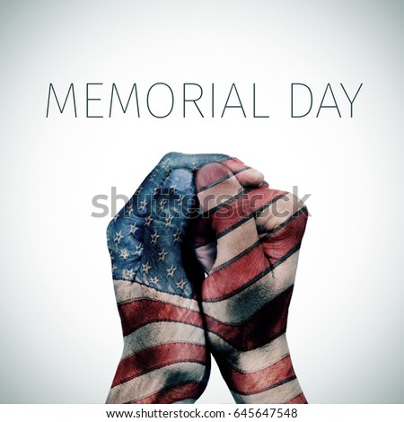 the hands of a young caucasian man put together patterned with the flag of the United States and the text memorial day on an off-white background, with a slide vignette added