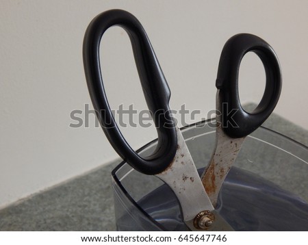 A pair of dirty black-handled kitchen  scissors standing in container of water. Reflections and refractions with a macro shot. Macro.