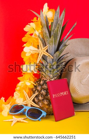 Passport, pineapple, glasses on a bright background. Travel concept