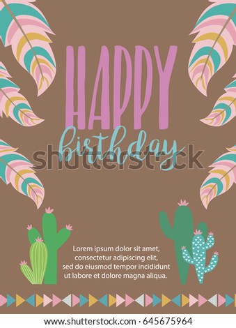Happy birthday card template with wreath,feather and arrow in boho style. Vector illustration