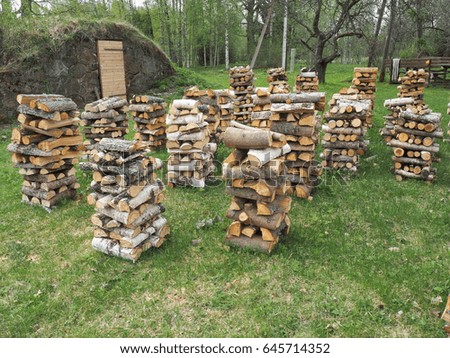 Piles of firewood stacked in the open air for drying representing sustainable energy use in heating