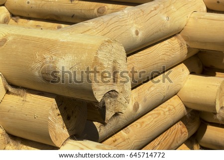 Round logs of beige color are laid in a corner of a log