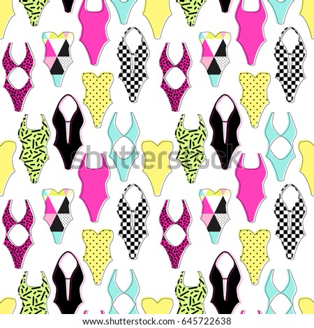 Cute 80s style geometric seamless pattern with swimsuits