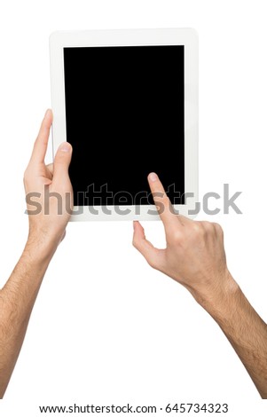 Man touching digital tablet display, cutout. Male hand holding digital tablet and pointing with index finger on blank screen, white isolated background, copy space