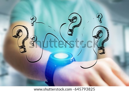 View of Hand drawn question mark icon going out a smartwatch interface of a businessman at the office - Business concept